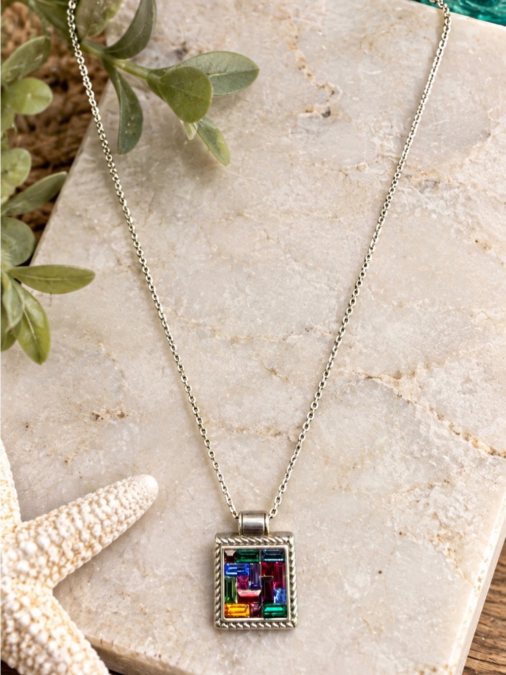 BRIGHTON ST MICHEL MULTI COLOR STONE REVERSIBLE NECKLACE SILVER MOSIAC DESIGN